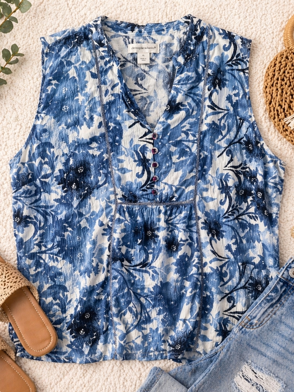 Christopher & Banks Navy and White Floral V-Neck Sleeveless Top